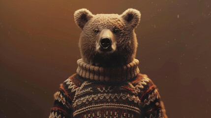 A bear, elegantly standing in a winter sweater, exudes abstract charm by blending wildness with human style.