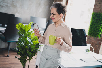 Photo of attractive good mood age lady agent dressed formal shirt having coffee break cahtting...