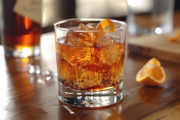 A classic old fashioned cocktail in a rocks glass, muddled with sugar and bitters, garnished with an orange twist.