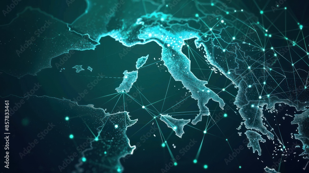 Wall mural digital map of mediterranean region with connection lines