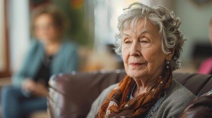 Portrait of a senior woman with curly grey hair sitting on a couch in a group therapy session for dementia patients