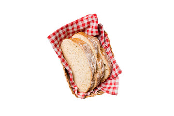 Freshly baked bread slices on basket isolated on white background. top view Sliced bread