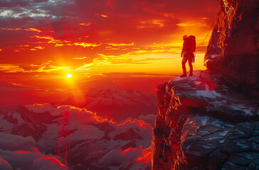 Fototapeta premium A man stands on a mountain top with a sunset in the background. The sky is orange and the sun is setting. The man is wearing a backpack and he is a climber
