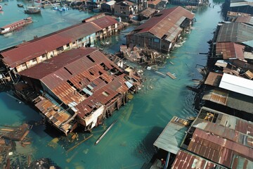 Fototapeta na wymiar Aerial shot showcasing rustic, flooded buildings with rusty roofs and scattered debris surrounded by turquoise waters, highlighting the aftermath of flooding in a coastal area.