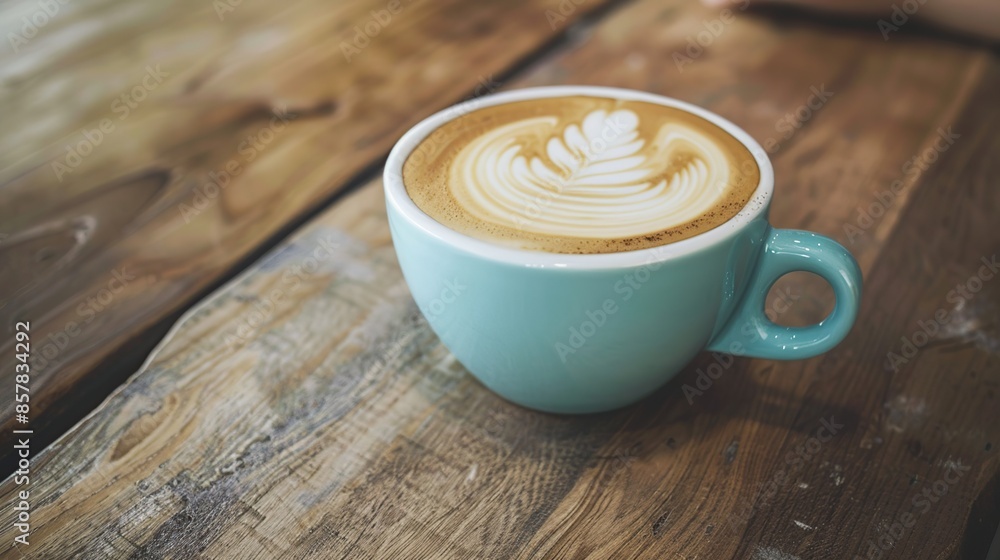 Poster latte art in a turquoise cup