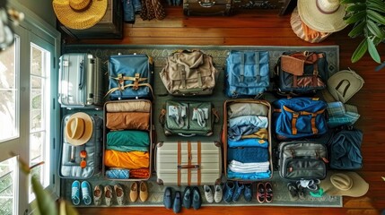 Preparing for a Memorable Vacation with Organized Luggage and Accessories A Family Gathers Their Belongings for an Exciting Adventure Ahead