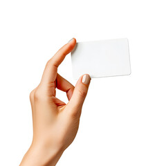 Obraz premium Person hand holding a blank white card isolated on transparency background, PNG cut out, ready for text or design, suitable for business or advertisement concept.
