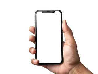 Hand holding a smartphone with a blank white screen isolated on transparency background, PNG cut out, ideal for app design and advertisement mockups.