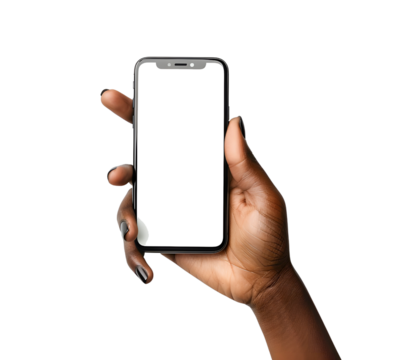 Hand holding a smartphone with a blank screen isolated on transparency background, PNG cut out, perfect for design mockups, app presentations, and technology-related projects.