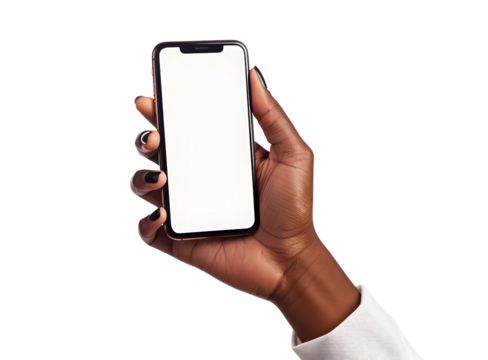 Close-up of a hand holding a smartphone with a blank screen isolated on transparency background, PNG cut out, isolated on a white background. Ideal for apps, technology, and digital concepts.