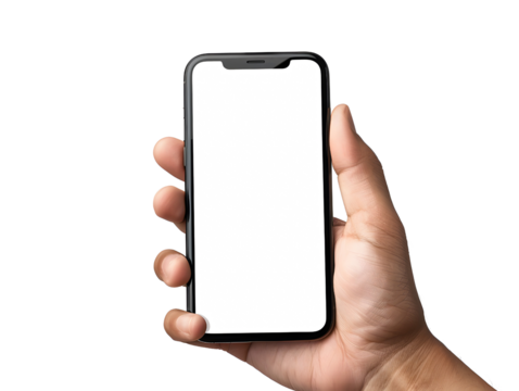 Hand holding a smartphone with a blank white screen isolated on transparency background, PNG cut out, ideal for app design and advertisement mockups.