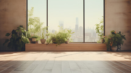 empty room of modern contemporary loft with plants on wooden floor 