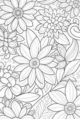 Fototapeta premium Flower bunch wall, flowersbloom Kids/adults coloring page book, line art illustration