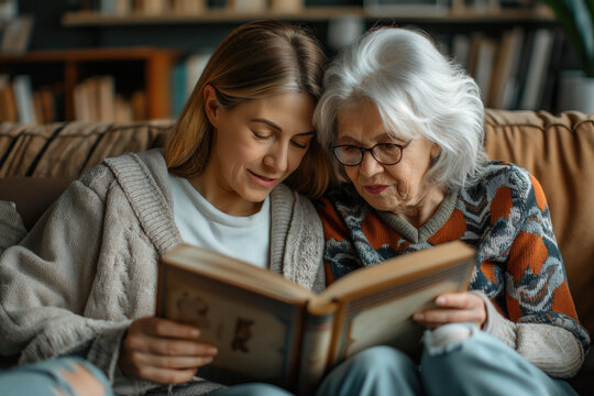 Granddaughter and Grandmother Reading a Book Together on Cozy Sofa. Grandparents Day, World Book Day, Family Literacy Day, National Reading Month, World Storytelling Day.