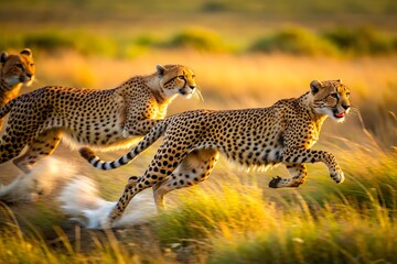 Obraz premium Graceful Cheetahs In A Stunning Display Of Speed And Agility, Racing Across The Vast African Plains.