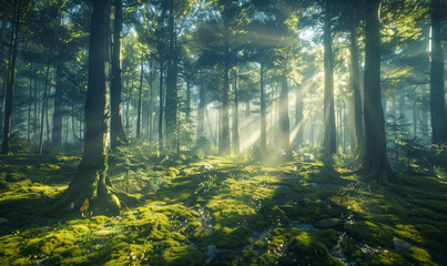 Obraz premium A forest with sunlight shining through the trees