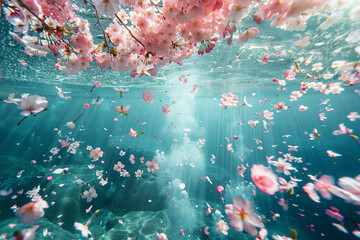 Cherry blossom road under the sea, petals falling, fish swimming