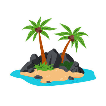 recommend clip art: The Island. An uninhabited island with palm trees and rocks. A land in the middle of the ocean. Cartoon illustration in flat style. Kids illustration of an island.
