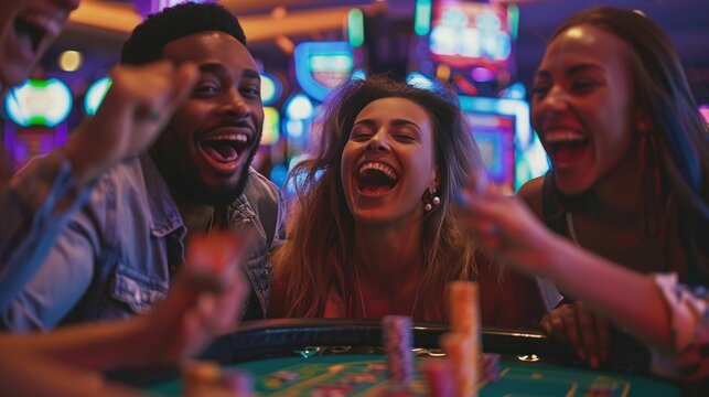 Group of delighted friends cheering and laughing ecstatically while celebrating a big win at a casino craps table