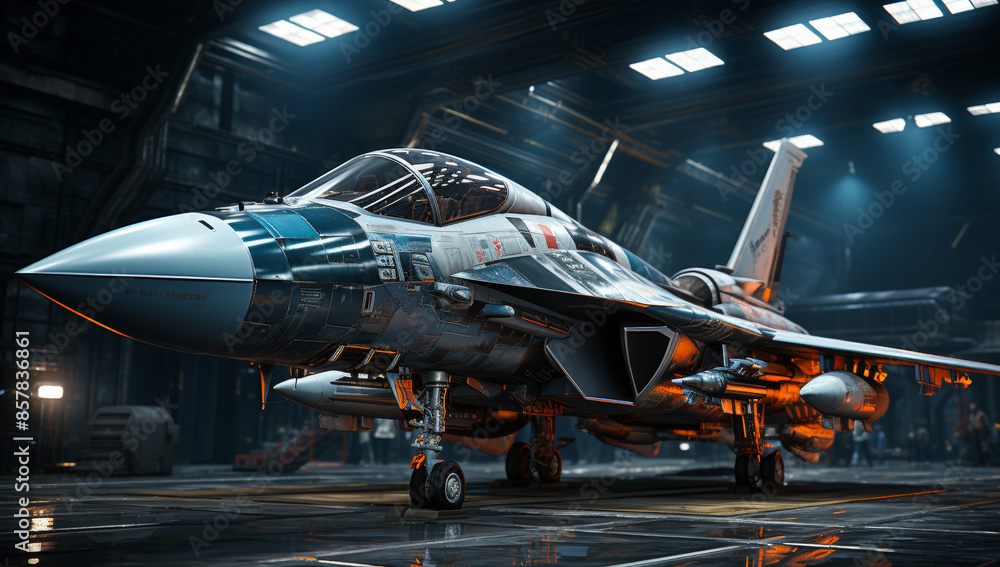 Canvas Prints A fighter jet is parked in a hangar with a bright light shining on it. The jet is painted in a metallic blue and white color scheme