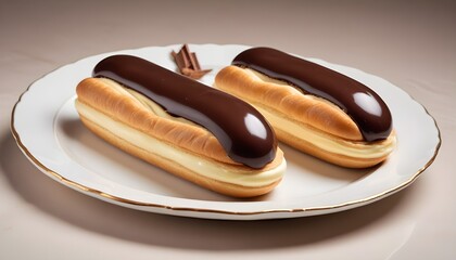 Puffs filled with vanilla mass, topped with chocolate and served on a white plate in a restaurant, studio photo.