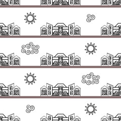  House pattern seamless. Town background. Small city texture, ornament, print. Doodle style 