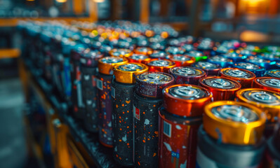 A row of colorful cans of soda sit on a shelf. The cans are of different sizes and colors, and they are arranged in a neat row. Concept of abundance and variety