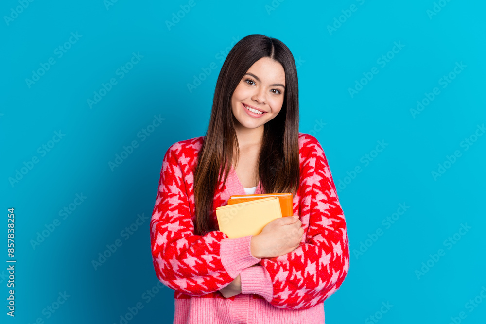 Sticker photo of intelligent woman with straight hair dressed knitwear cardigan holding copybooks in hands i