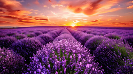 Naklejka premium Lavender field in full bloom at sunset