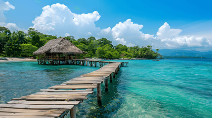 Fototapeta premium Tropical island with pier and thatched hut
