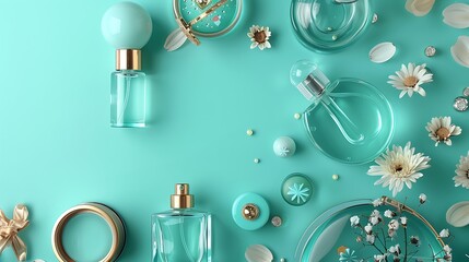 Perfume bottle beauty products on teal background
