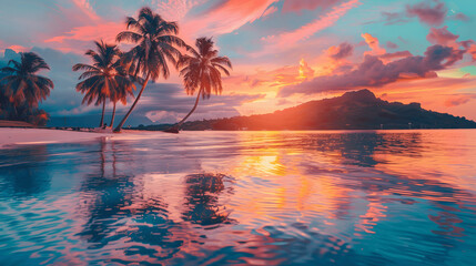 Island paradise at sunset with vibrant colors