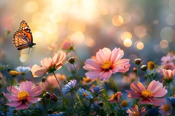 peaceful garden with colorful flowers and gentle butterflies, embodying the essence of Ahimsa.