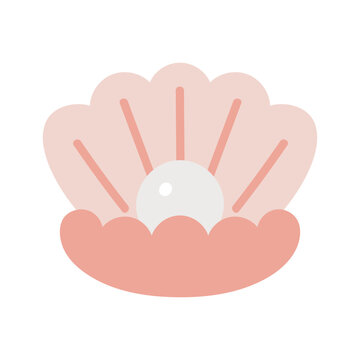 Opened seashell with pearl. Isolated cartoon flat illustration on white background. Marine design.	