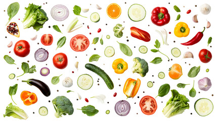 Obraz premium Freshly Cut Vegetables on Transparent Background for Healthy Cooking, Vegan Recipes, and Organic Food Preparation. Assortment of Colorful Sliced Onion, Tomato, Cucumber, Pepper. 