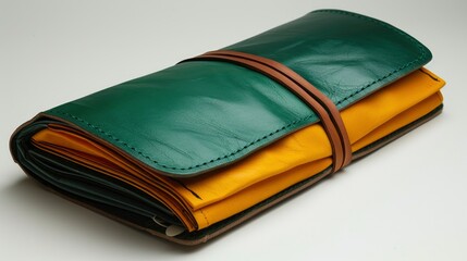  A green notebook on a white background with yellow pages at the top, in a minimalistic style, aesthetic, in a photo studio,