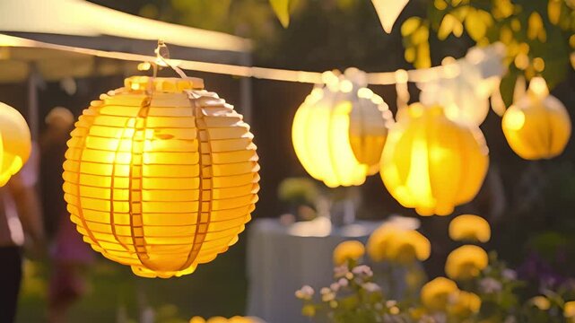 Garden party in the summer. Beautiful and cute paper lanterns blowing in wind and getting bright, Summer festival Summer vacation. Family garden party on sunny day