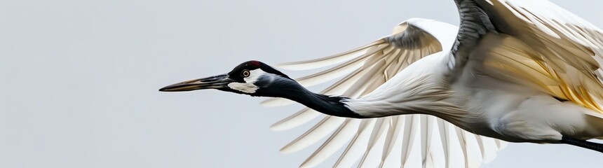 Fototapeta premium A poised and lively crane, with its wings outstretched to the side, is flying over water in the style of ink wash on white paper, featuring delicate lines against