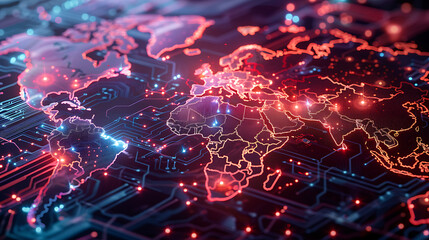 A cybernetic world map with integrated circuits and LED lights highlighting technological hotspots around the globe, perfect for tech industry presentations. Generative AI illustration 