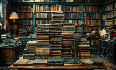 Fototapeta premium A library with a large stack of books on a table. The books are of various sizes and colors, and they are piled up in a way that they seem to be waiting to be read