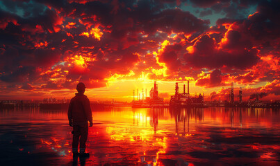 Fototapeta premium A man stands on a beach looking out at the ocean. The sky is orange and the sun is setting. The man is wearing a jacket and he is alone.