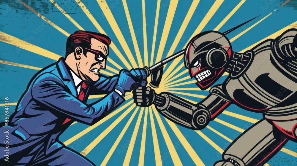 Wall mural Man vs. Machine: A Retro Futuristic Showdown