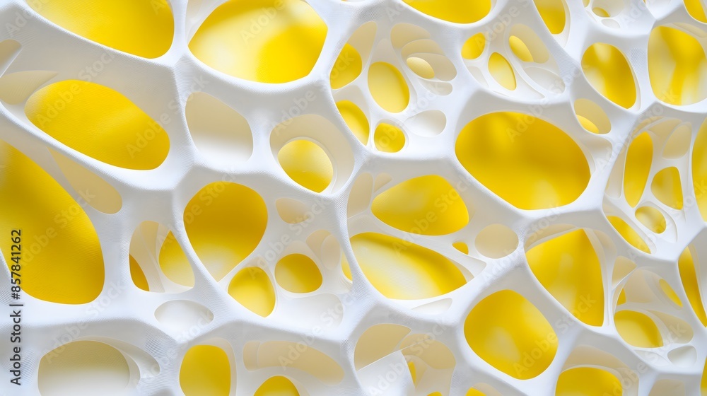 Poster 2. create an artistic representation of abstract yellow forms with geometric perforations, casting i