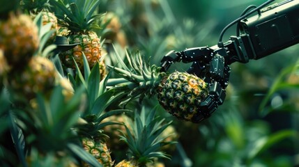 Obraz premium Robotic Arm Picking Pineapple in a Lush Green Plantation
