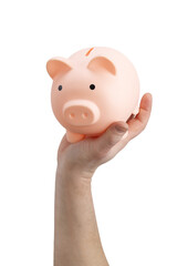 Hand holding a pink piggy bank, isolated on a white background.