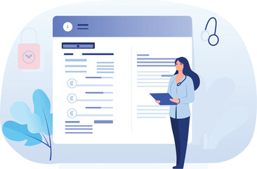 a woman nurse stands in front of a sign that displays the medical report flat vector illustration