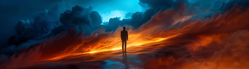 Obraz premium A figure stands on the edge of an endless sky, surrounded by swirling clouds and vibrant colors representing different emotions like joy.
