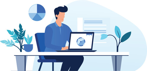 a man sits at a desk with a computer and a picture of a man working on it flat vector illustration