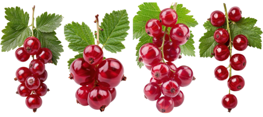 Fresh red currant clusters on branches with green leaves, isolated on transparent background. Perfect for culinary and botanical use.