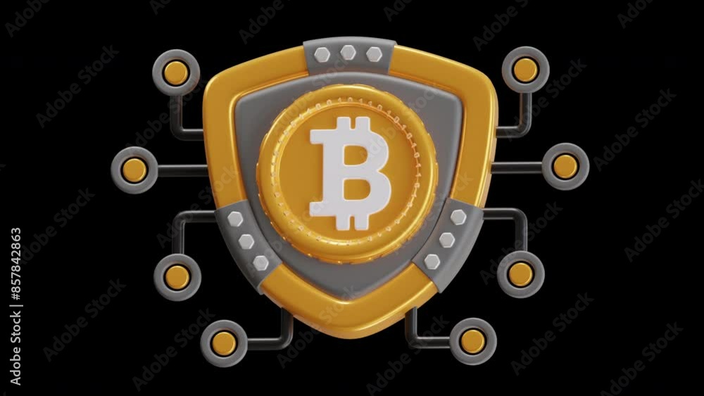 Poster 3d animation of bitcoin security protects assets | alpha channel